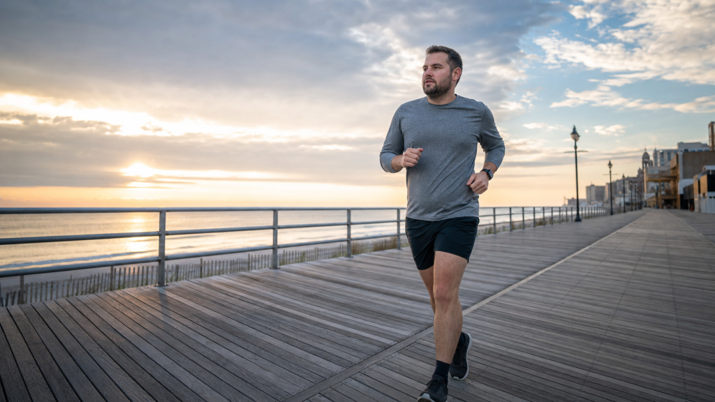Recreational runner building an aerobic base with an easy morning run on a coastal boardwalk