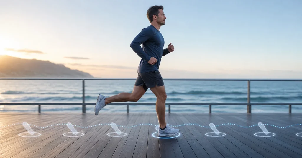 Runner on an oceanfront boardwalk with visual footfall markers representing running cadence