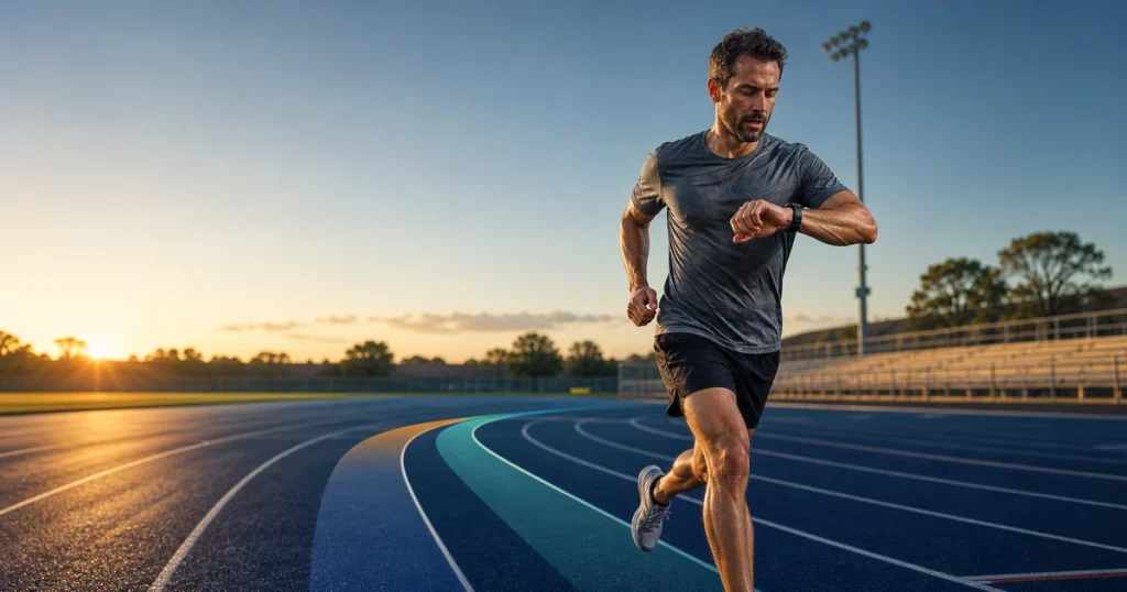 Runner checking easy, tempo, and interval training paces on a track