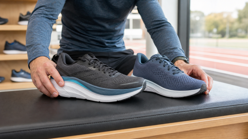 Runner comparing an unbranded stability shoe and neutral running shoe at a specialty store