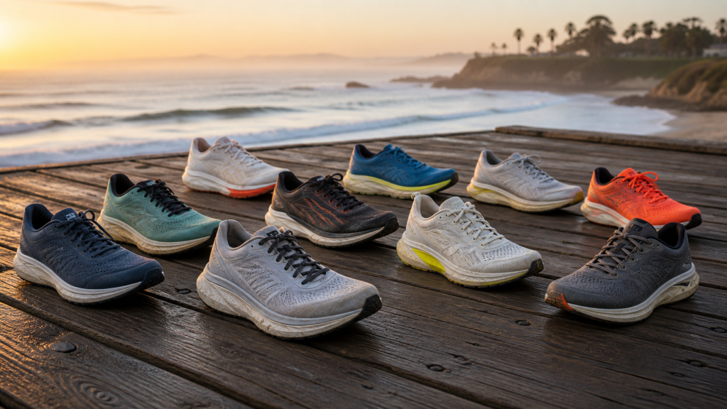 Ten tested daily trainer running shoes arranged on a wooden boardwalk at sunrise