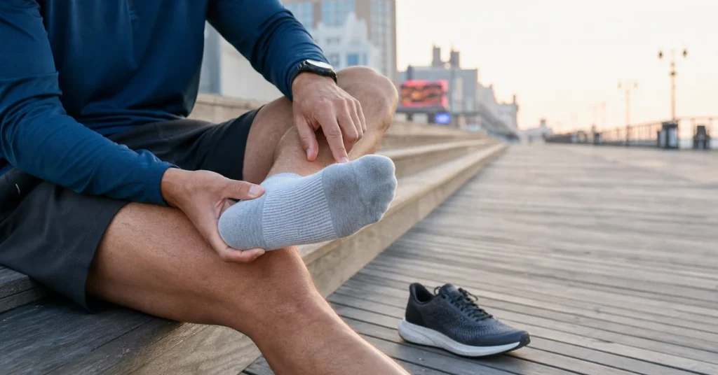 Runner seated on boardwalk steps checking the top and outside of the foot after a run