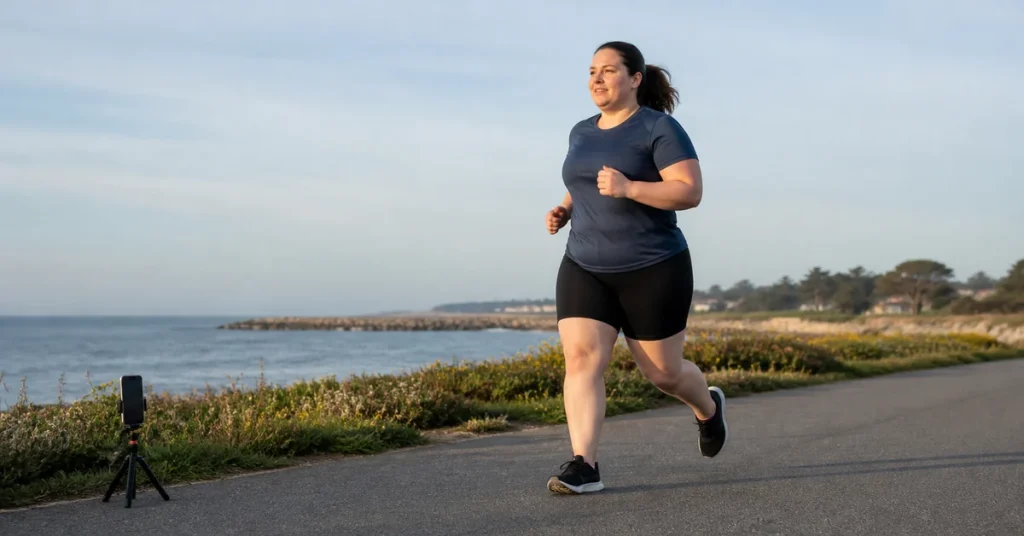 Runner in a larger body recording an easy stride for running form analysis