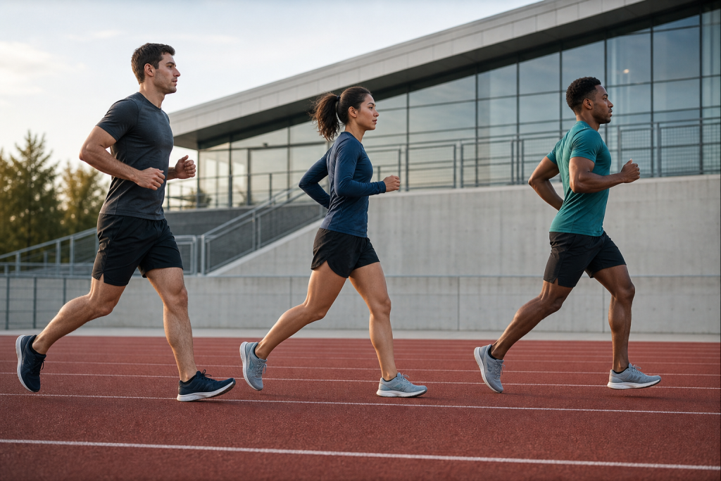 Three runners on a track demonstrating different running foot-strike positions