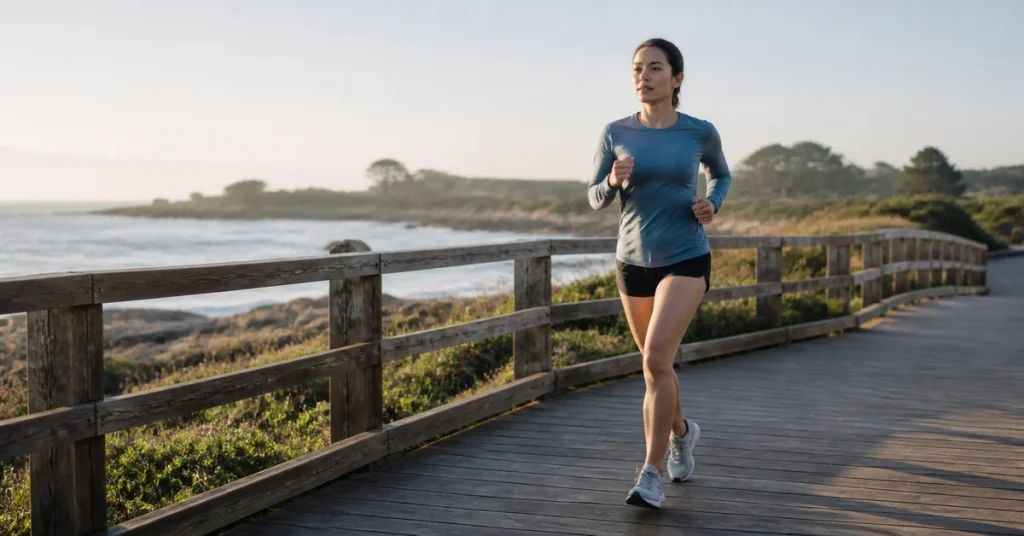 Runner maintaining relaxed breathing at an easy pace on a coastal boardwalk