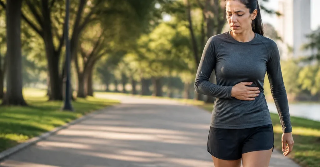 Runner slowing to a walk and applying gentle pressure below the ribs during a side stitch