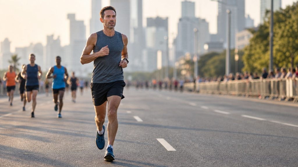 Marathon runner holding a controlled pace on a city race course