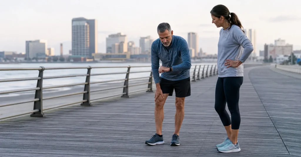 Runner pauses on a waterfront path to check knee symptoms and training response