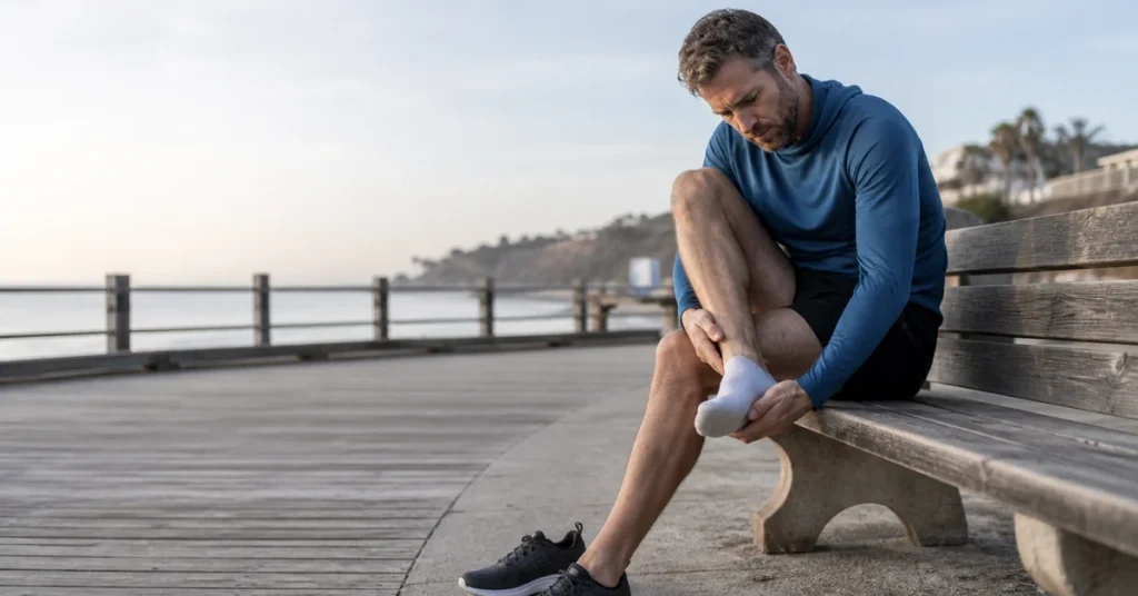 Runner seated on a boardwalk bench checking the underside of the heel after a run