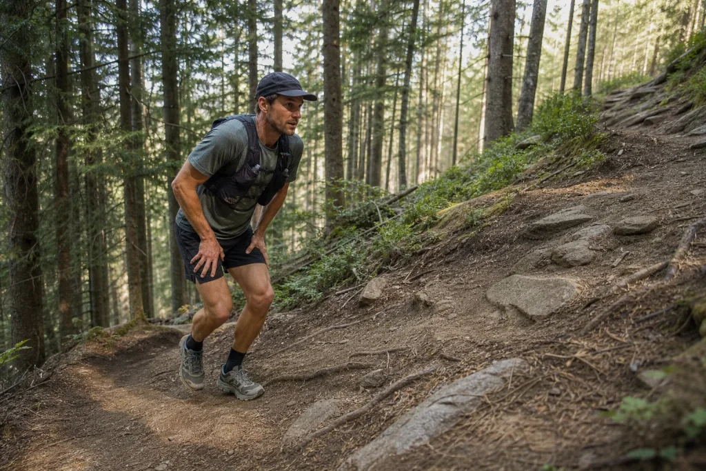 Trail runner power hiking uphill with hands placed on the lower thighs