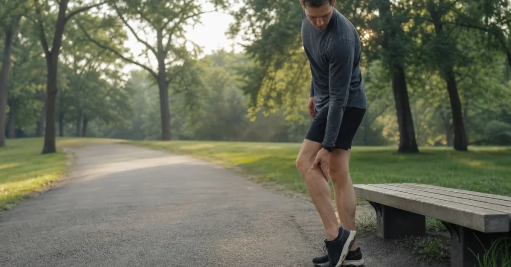 Runner checking his lower leg before an easy run on a park path