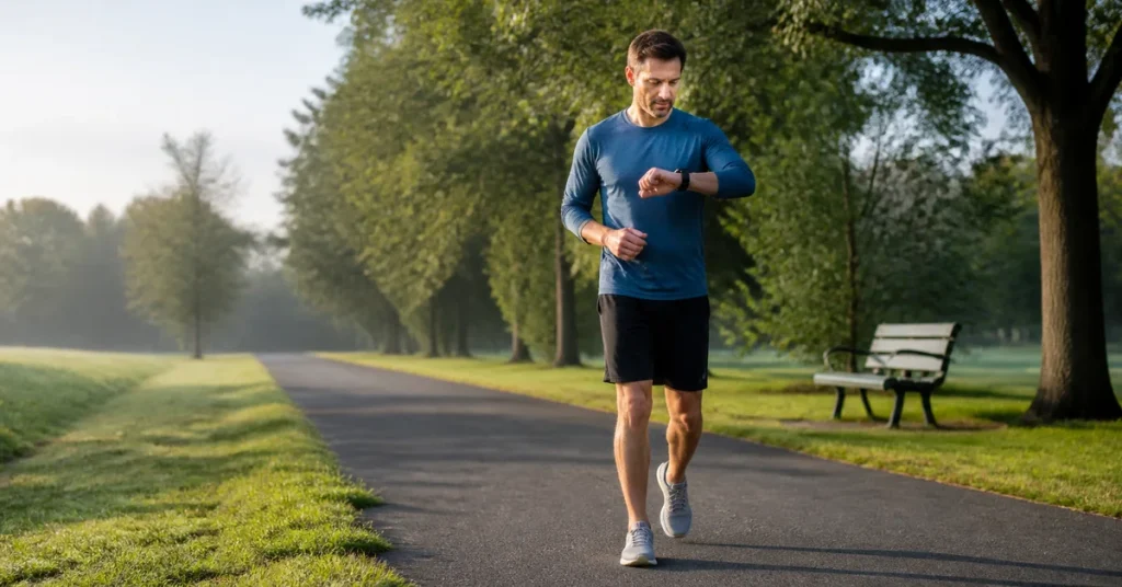 Runner easing back into an easy jog on a flat park path while checking a watch