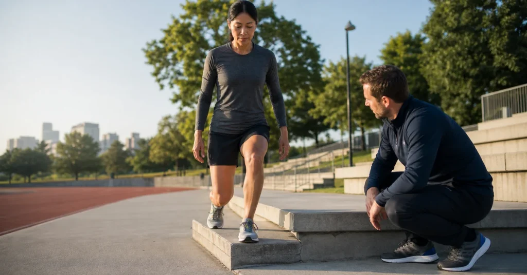 Runner performing a controlled step-down while a physical therapist observes knee alignment