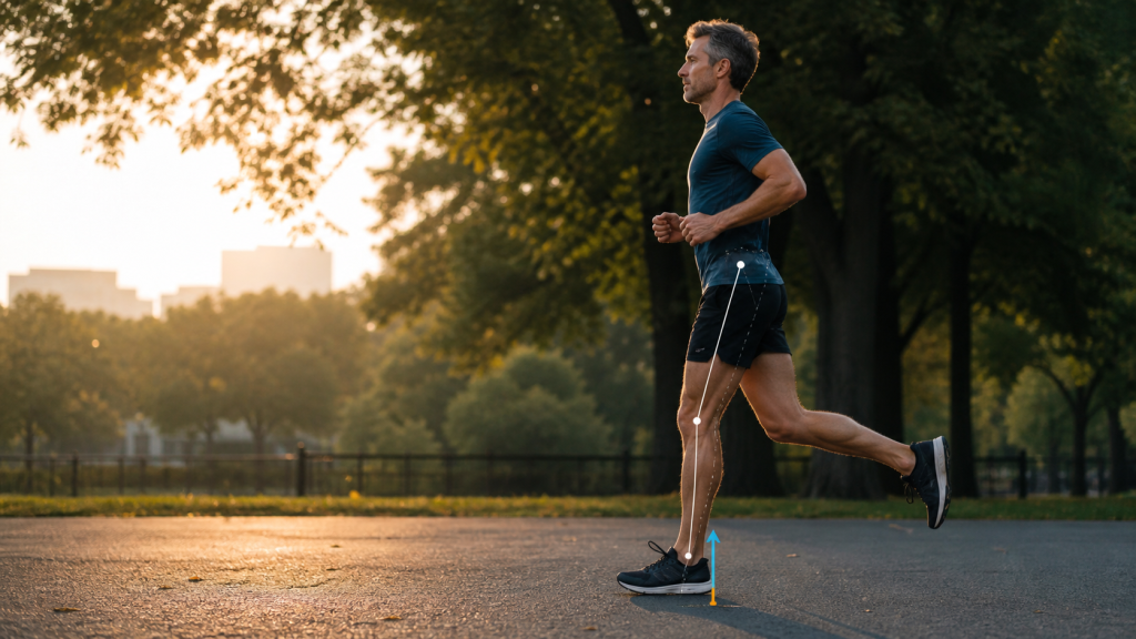 Distance runner demonstrating mid-stance alignment with subtle biomechanics markers