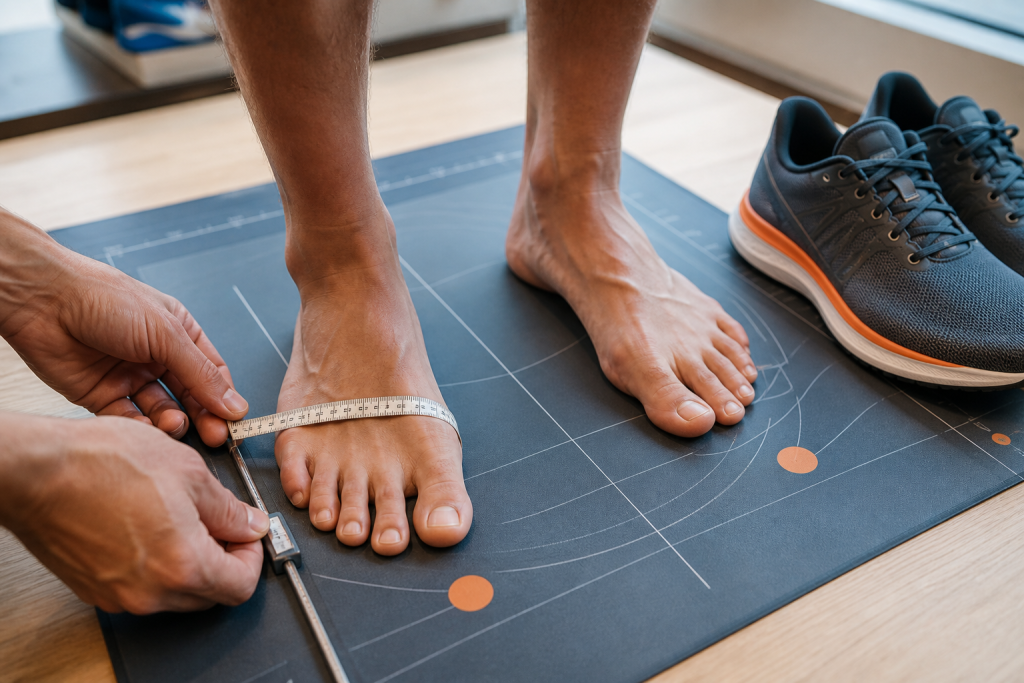 Runner having both feet measured for length, width, volume and toe shape