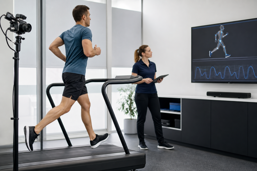 Runner on a treadmill during a professional running gait analysis with a clinician and motion-tracking display