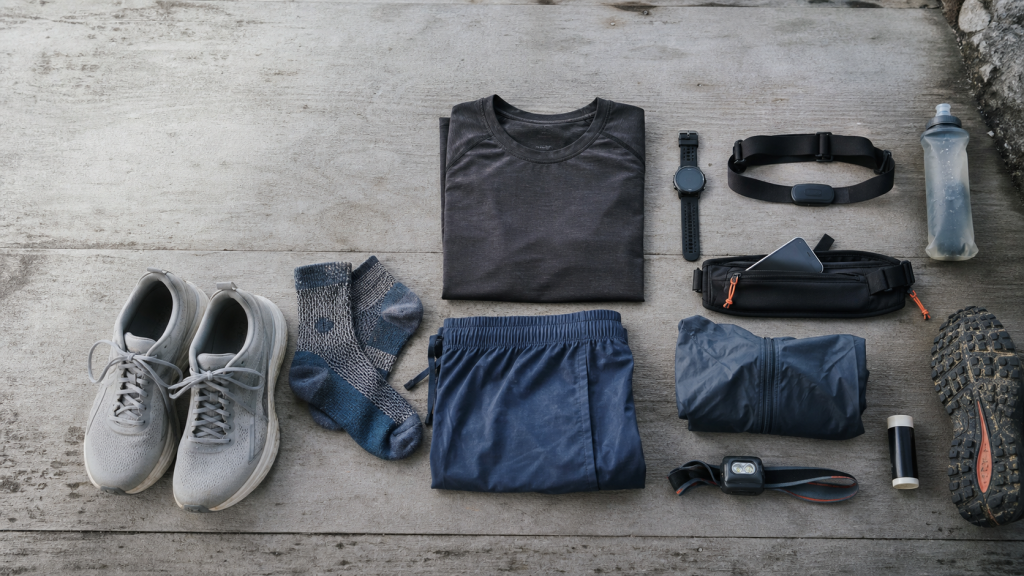 Road and trail running gear arranged from essential shoes and socks to a watch, hydration, weather shell, and headlamp