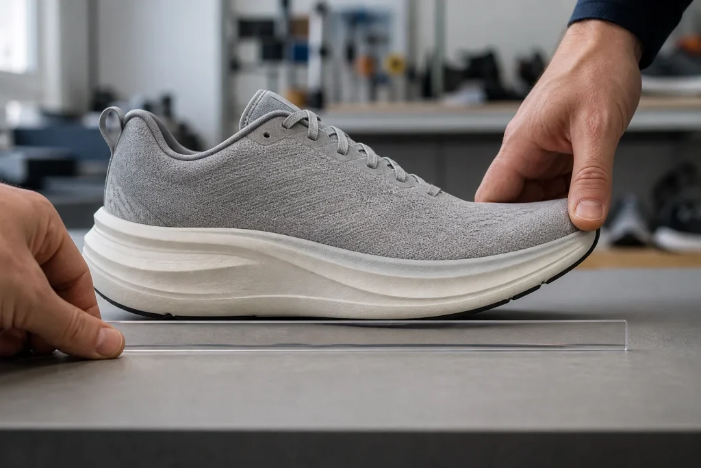 Unbranded running shoe on a straightedge showing heel bevel and forefoot rocker geometry