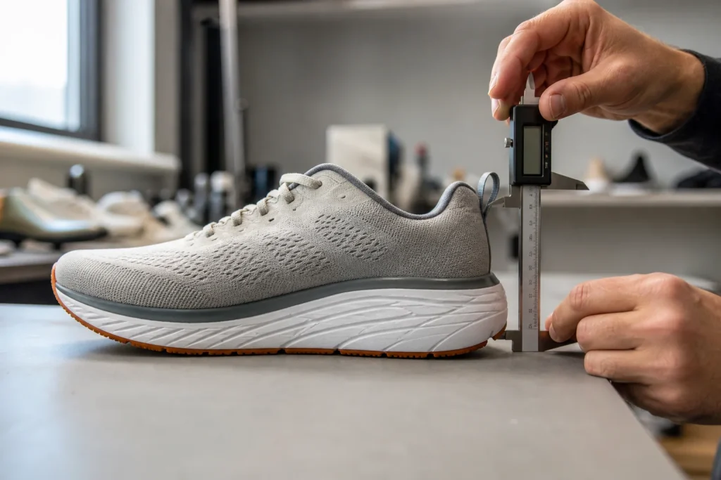 Digital caliper measuring the heel stack height of an unbranded running shoe