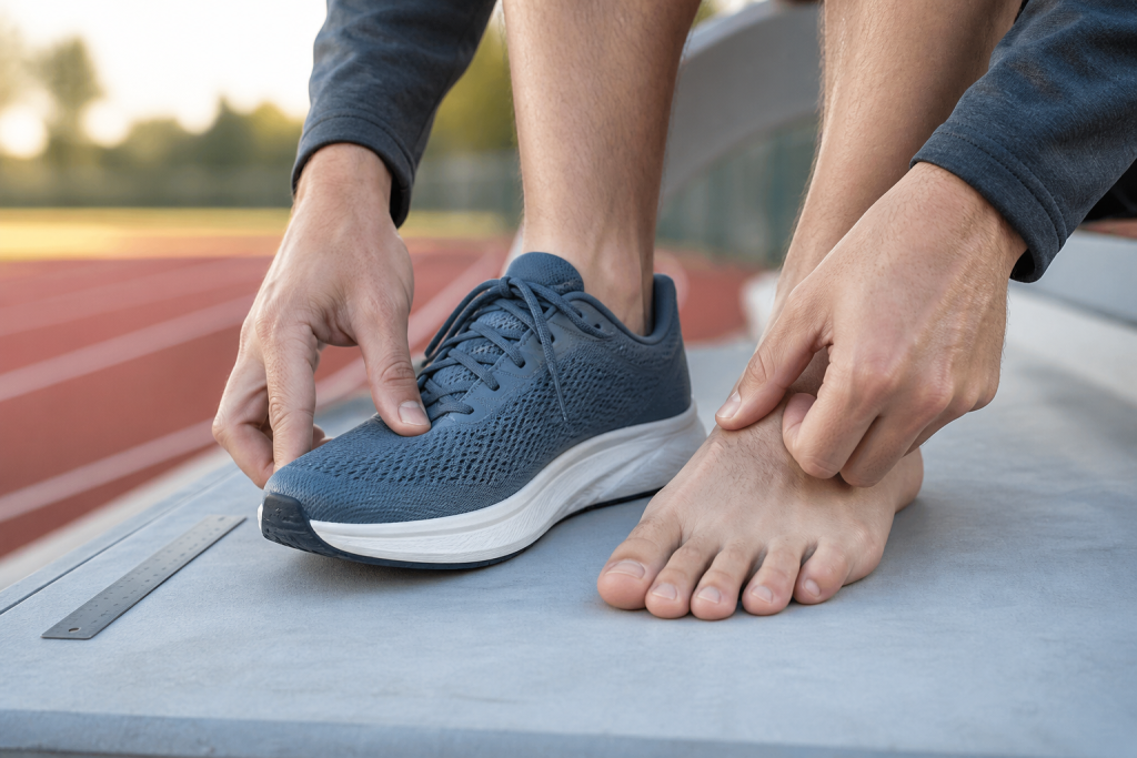 Runner checking length, width and height of a running shoe toe box