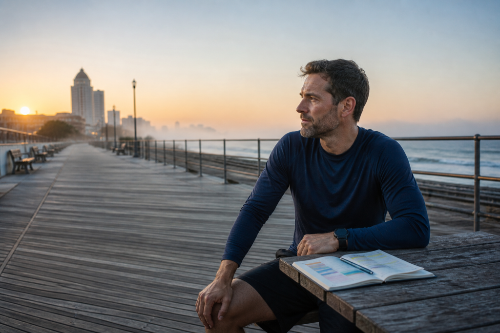 Recreational runner reviewing a weekly training plan at sunrise on the Atlantic City Boardwalk