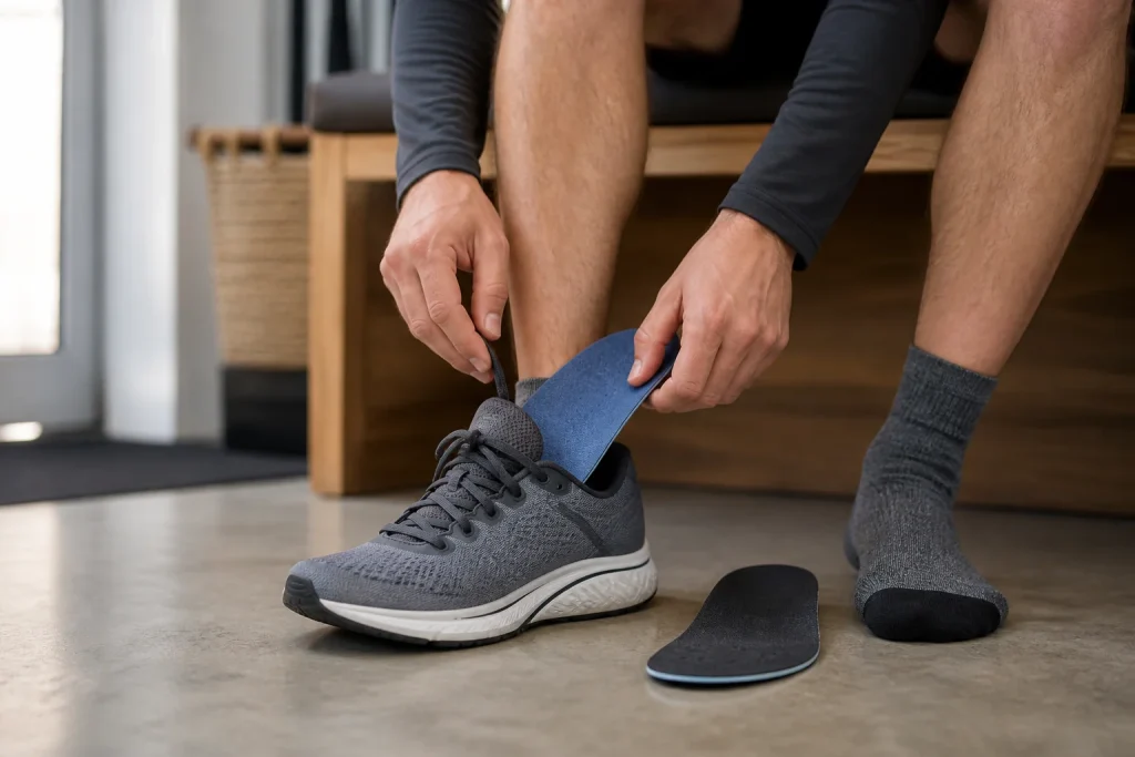 Runner placing a full-length orthotic into a running shoe after removing the stock sockliner