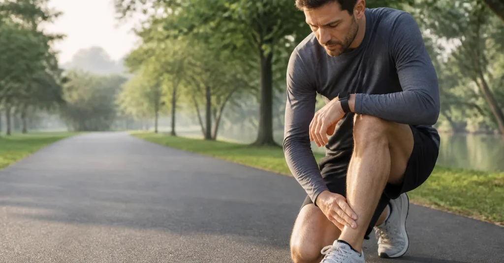 Runner checking diffuse inner-shin pain after stopping on a paved park path