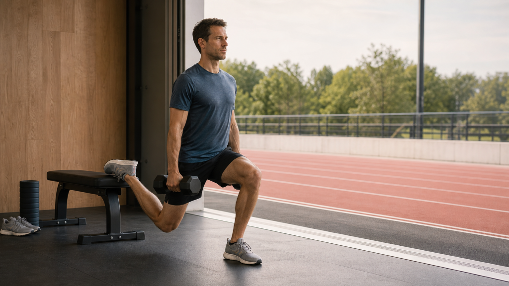 Runner performing a controlled dumbbell split squat beside an outdoor running track
