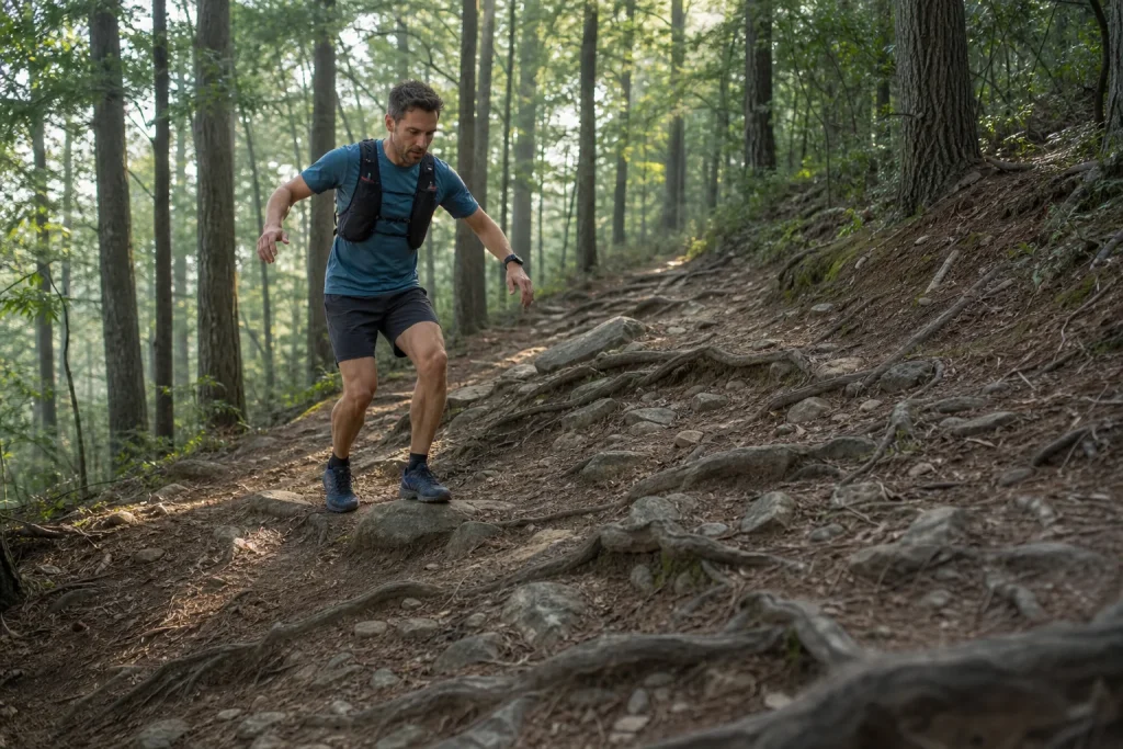 Trail runner using a short controlled stride and scanning ahead on rocks and roots