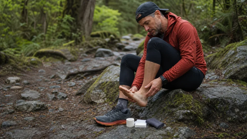 Trail runner stopping early to inspect a foot hotspot beside a wet rocky forest trail