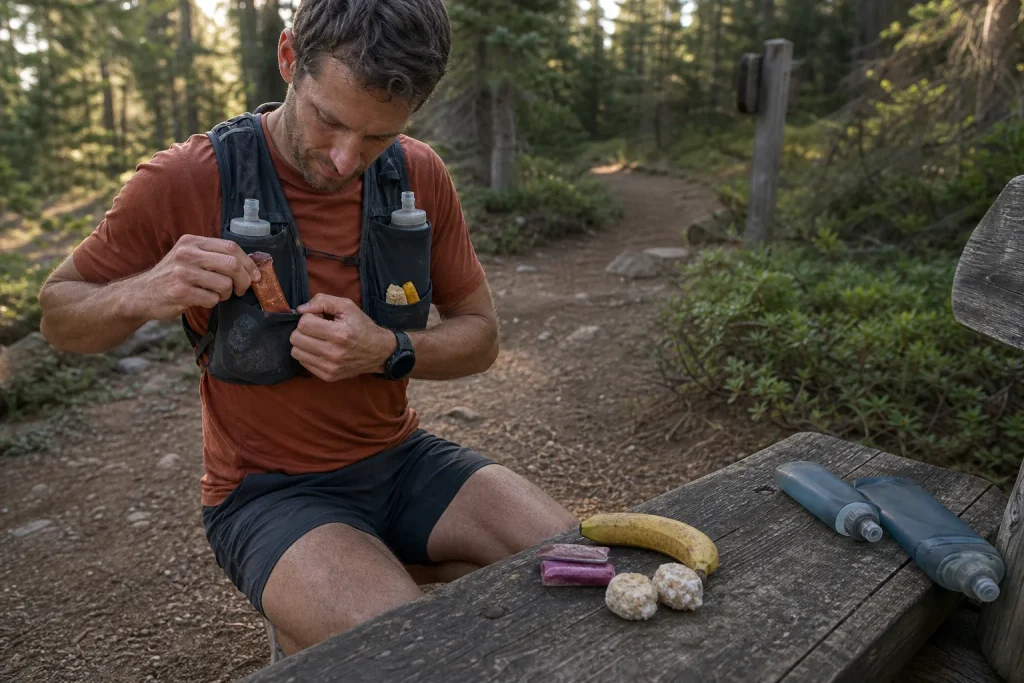 Trail runner loading measured fuel and soft flasks into a hydration vest before a forest run