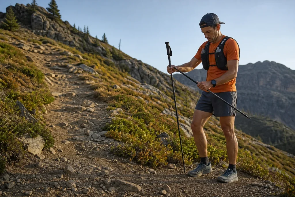 Trail runner deploying folding poles at the base of a steep mountain switchback