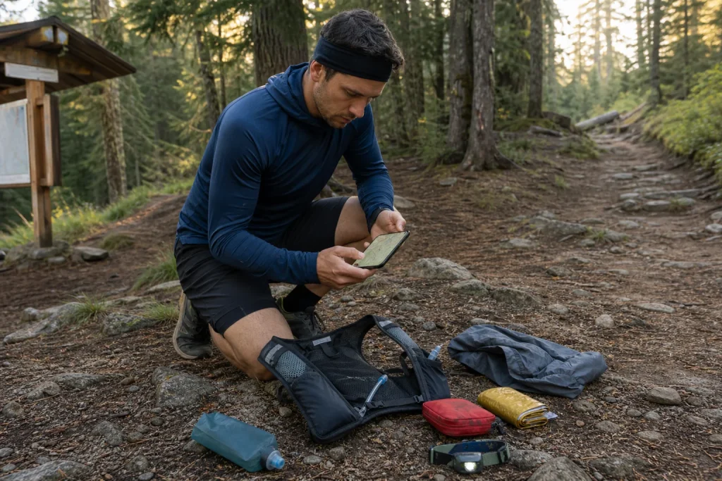 Trail runner checking an offline route and safety gear before entering a forest trail