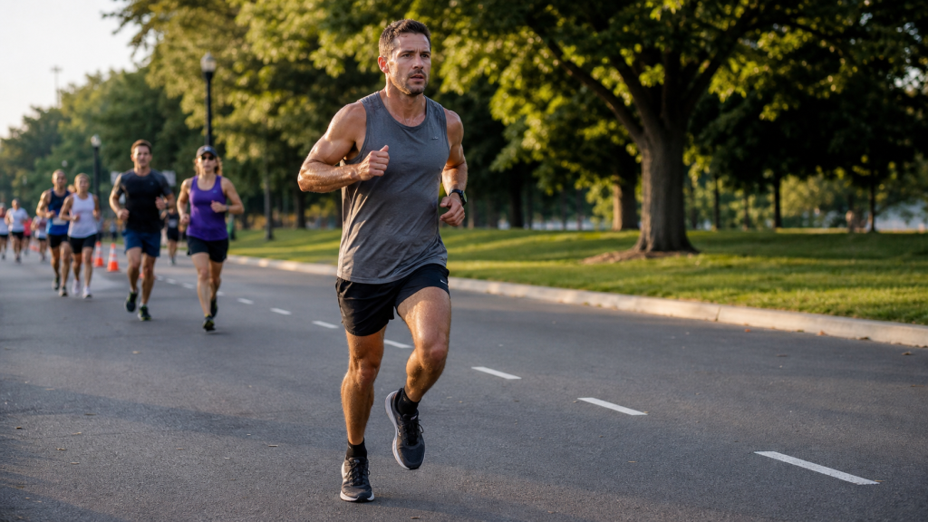 Runner controlling effort during a local 5K road race