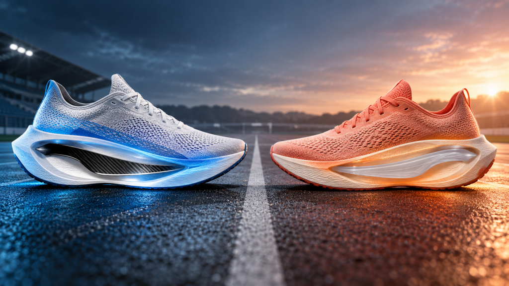 Carbon plate and nylon plate running shoes shown with technical midsole cutaways