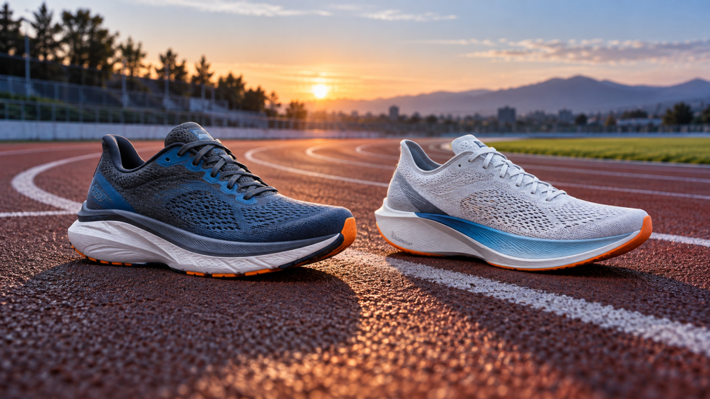 Daily trainer and tempo running shoe compared side by side on a running track
