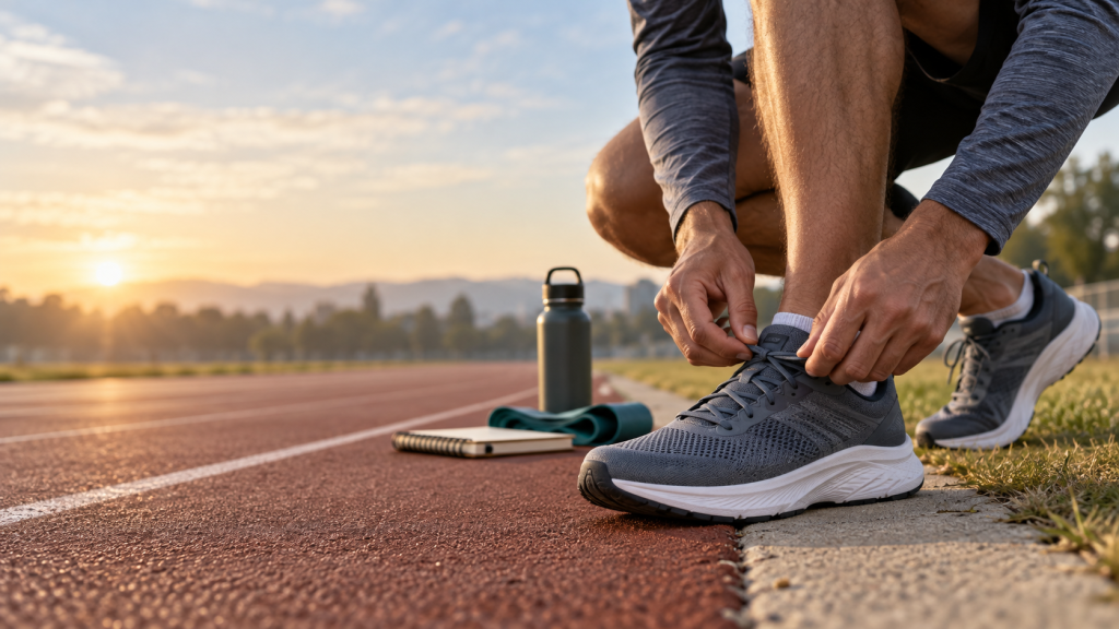 Runner tightening a well-fitted running shoe beside a track before training
