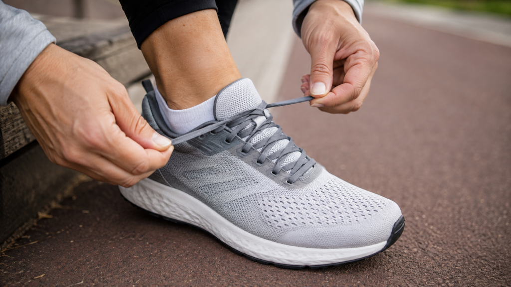 Runner demonstrating secure heel lock fit in a laced running shoe
