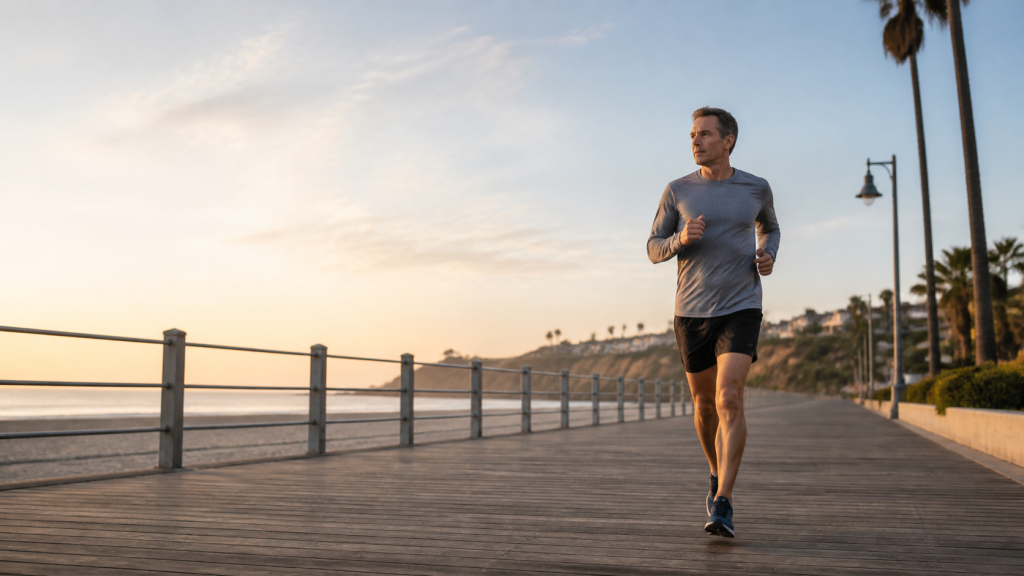 Runner completing a relaxed marathon taper run on a coastal boardwalk