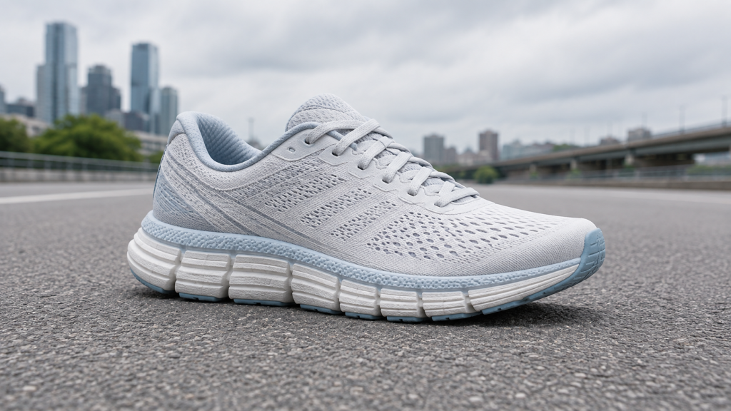 Lightweight cushioned running shoe on a clean road-running surface