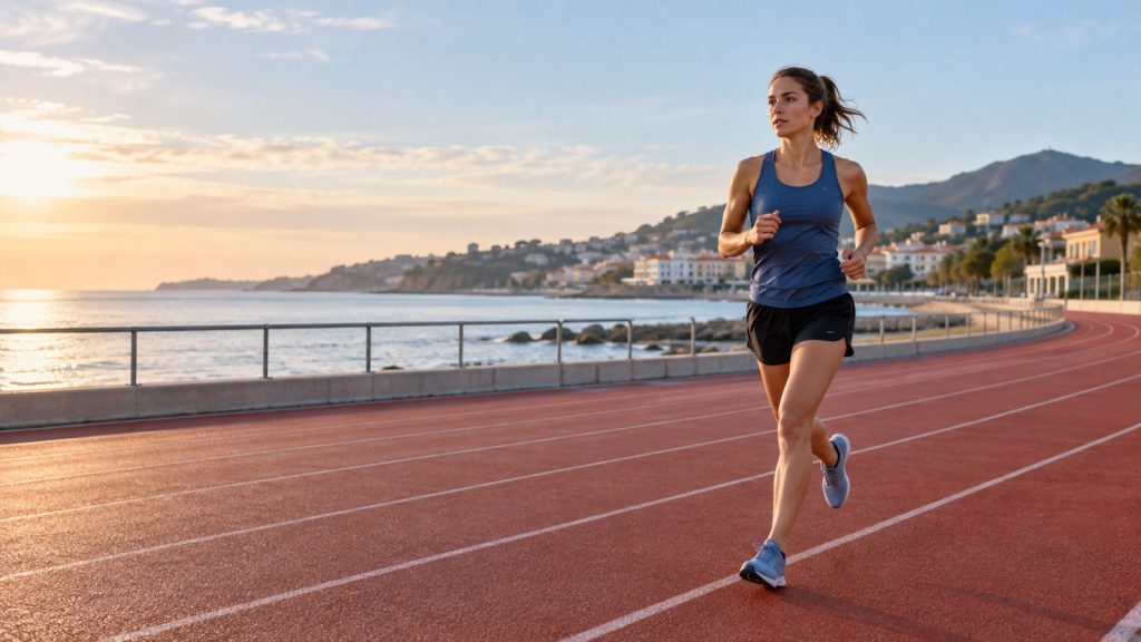 Runner training on an outdoor coastal track for an intermediate 10K plan