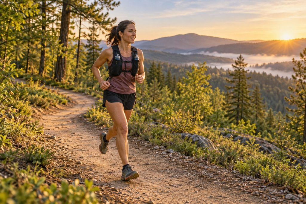 Beginner ultrarunner completing an easy long run on a forest trail at sunrise