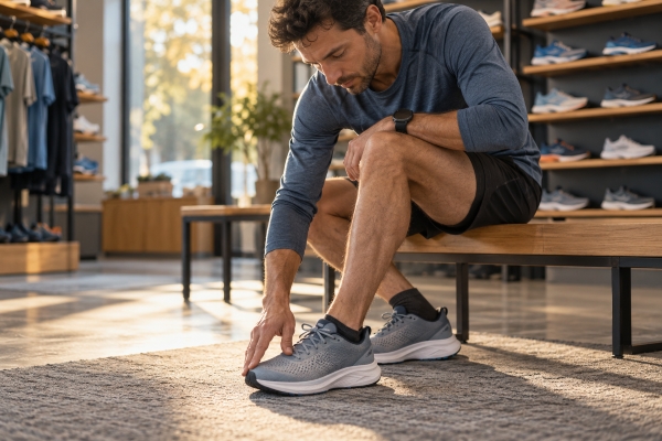 Runner checking toe-box room and overall fit of an unbranded running shoe