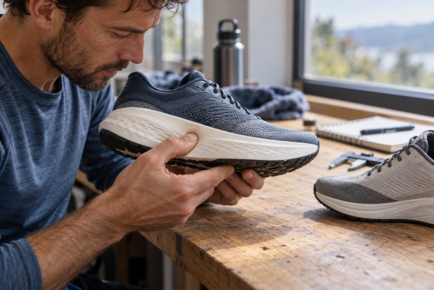 Runner pressing the midsole of an unbranded running shoe to inspect foam deformation and recovery