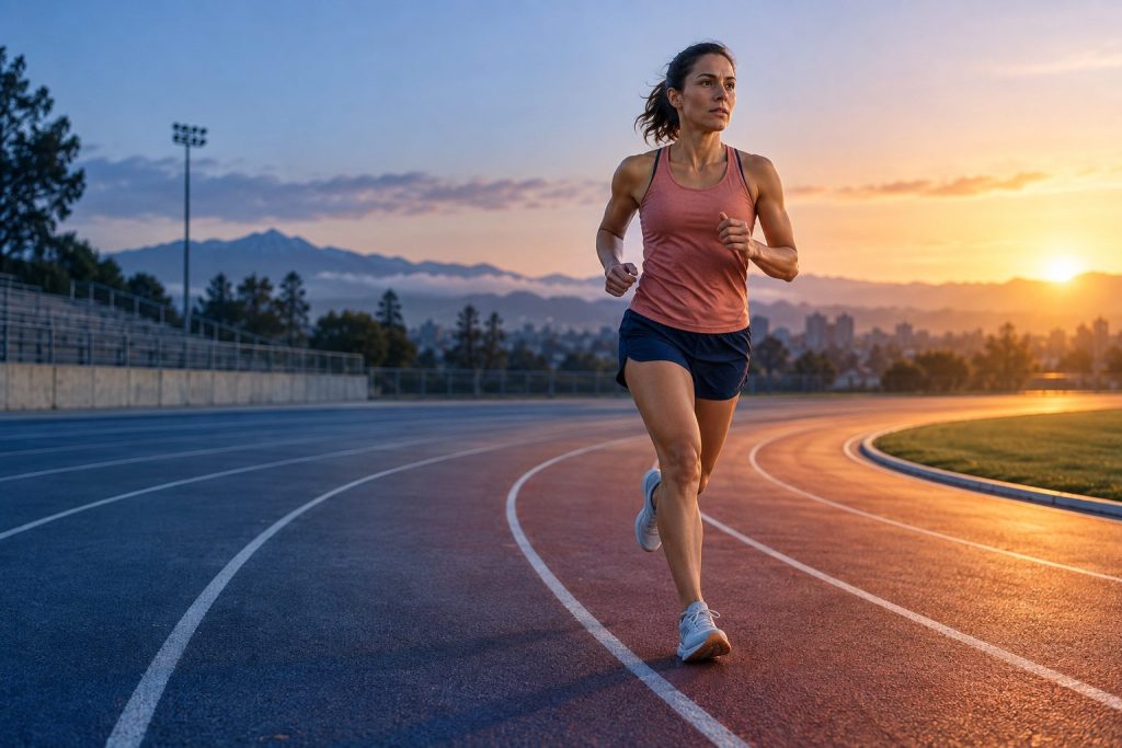 Runner completing a controlled threshold workout on an outdoor track at dawn