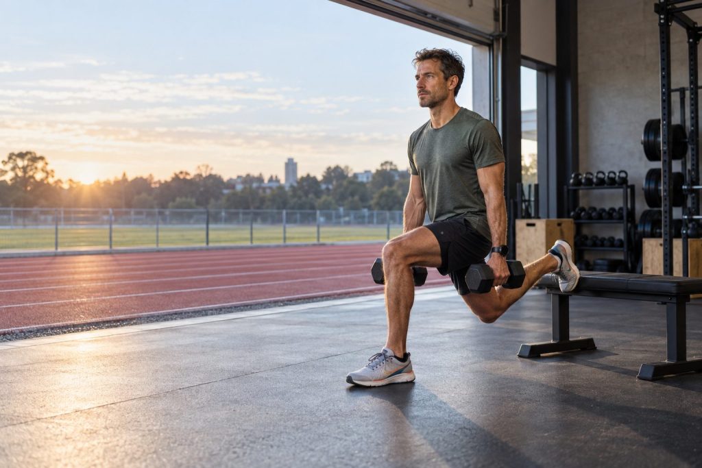Runner performing a controlled split squat beside an outdoor running track