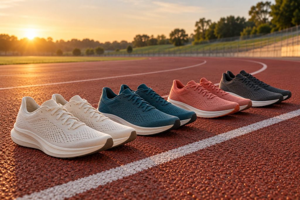Four pairs of unbranded non-plated racing shoes arranged on an outdoor running track at sunrise