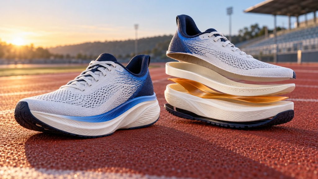 Unbranded nylon-plated running shoes with an exploded midsole showing a flexible amber plate on a running track at sunrise