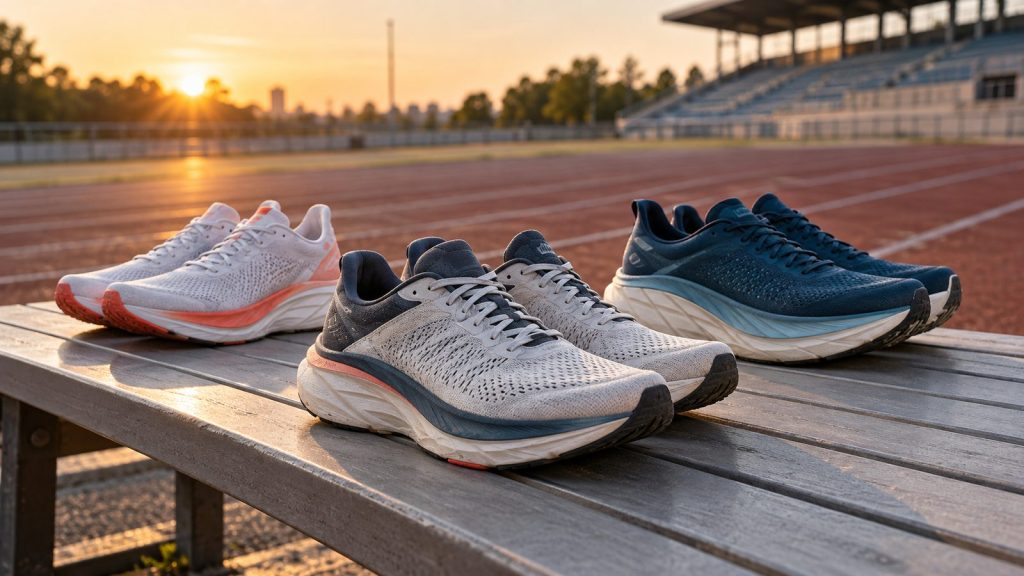 Three pairs of unbranded high-stack running trainers on a trackside bench at sunrise