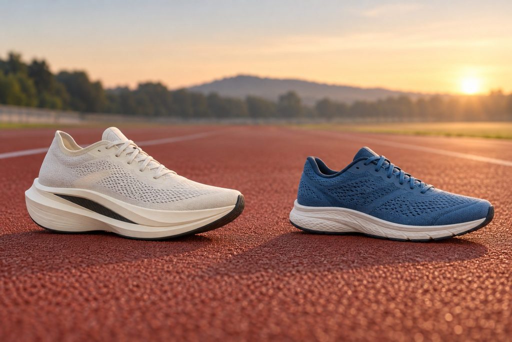 Carbon-plated racing shoe and non-plated running shoe compared on a track